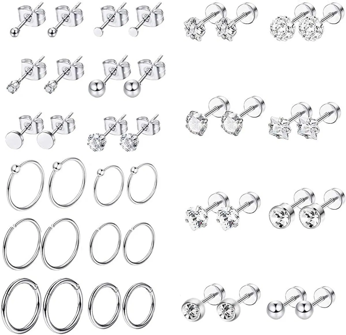 Tiny 2mm Stainless Small Stud Earrings for Men Women Small CZ Round Ball Hoop Earrings Set Tragus Helix Piercing Earrings - Grocery