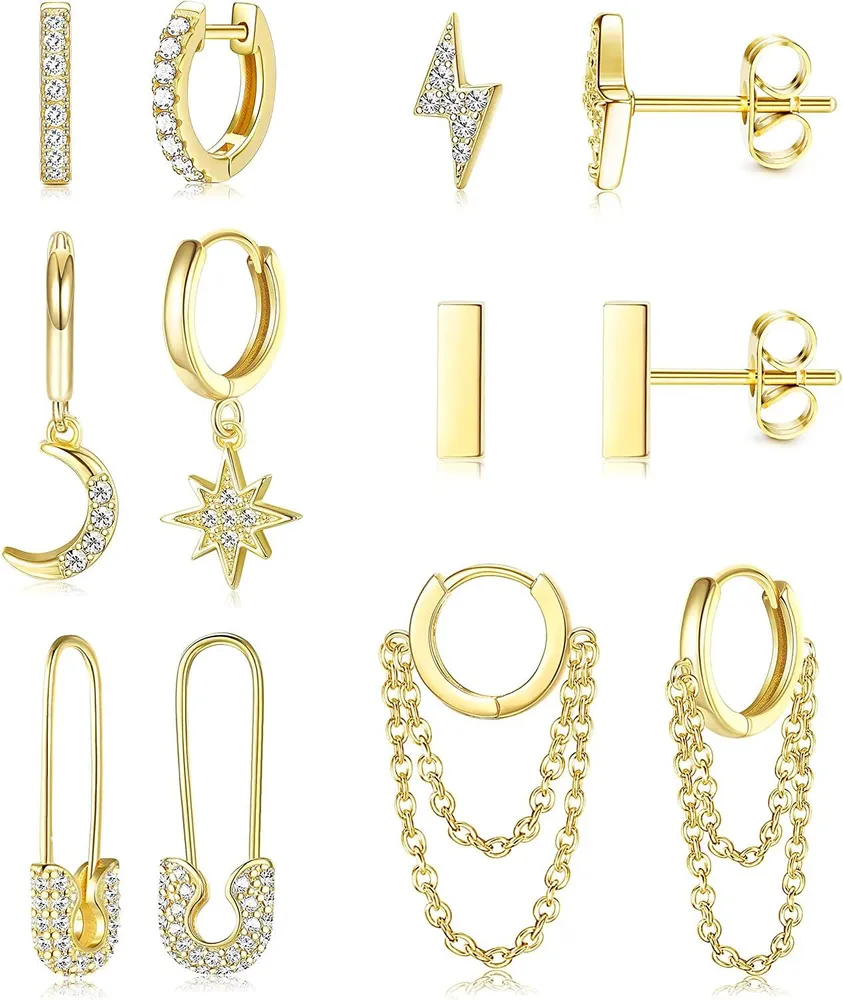 6 Pairs Huggie Hoop Earrings for Women Men Moon and Star Dangle Earrings Studs Set for Women - Grocery