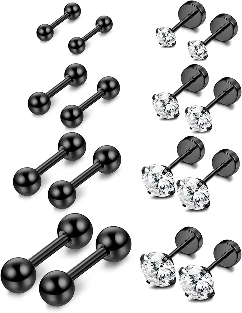 8 Pairs 18G Stainless Ear Stud Piercing CZ Ball Barbell Flatbacks Studs Earrings Cartilage Tragus Helix Comfortable Stud Earrings 6mm - Grocery