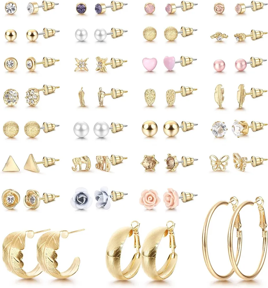 30 Pairs Assorted Multiple Stud Earrings for Women Men Crystal Faux Pearl Butterfly Geometric Simple Cute Big Hoop Statement Earrings Set - Grocery