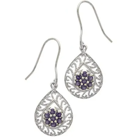 Sterling Silver & Genuine Amethyst Filigree Pear-Shaped Dangle Earrings - Grocery