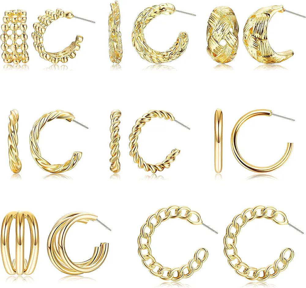 8 Pairs 14K Gold Hoop Earrings for Women Chunky Open Twist Wide Hoop Earrings Lightweight - Grocery