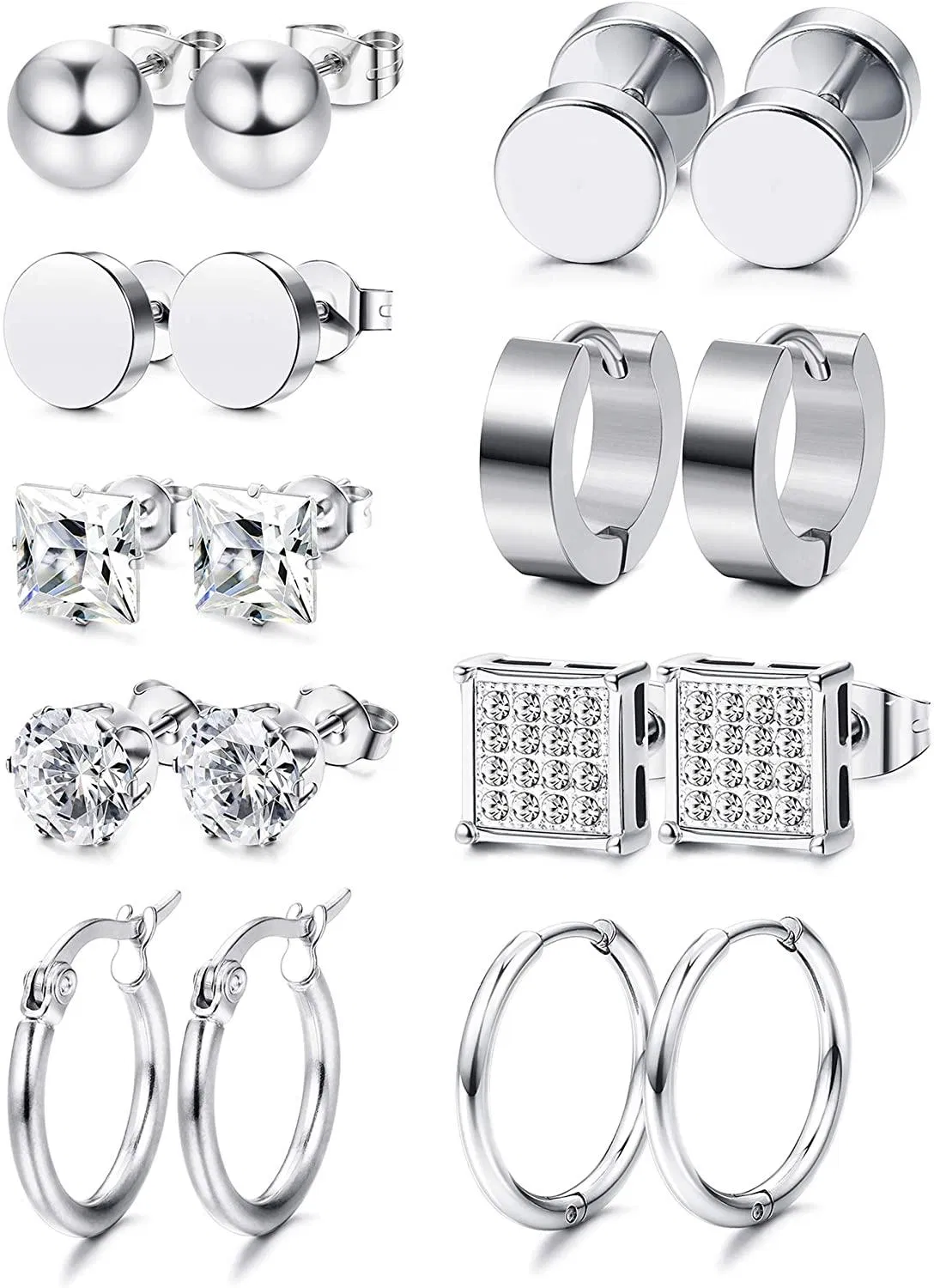 9Pairs Stainless Steel CZ Stud Earrings for Women Mens Hoop Huggie Earrings Ear Piercing Earrings Set - Grocery