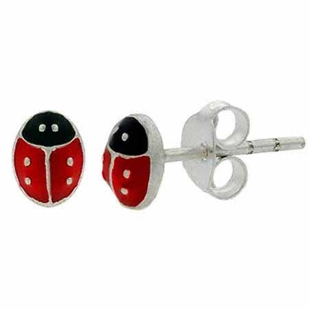 Sterling Silver Small Red and Black Enamel Ladybug Mini Kid Earrings - Grocery