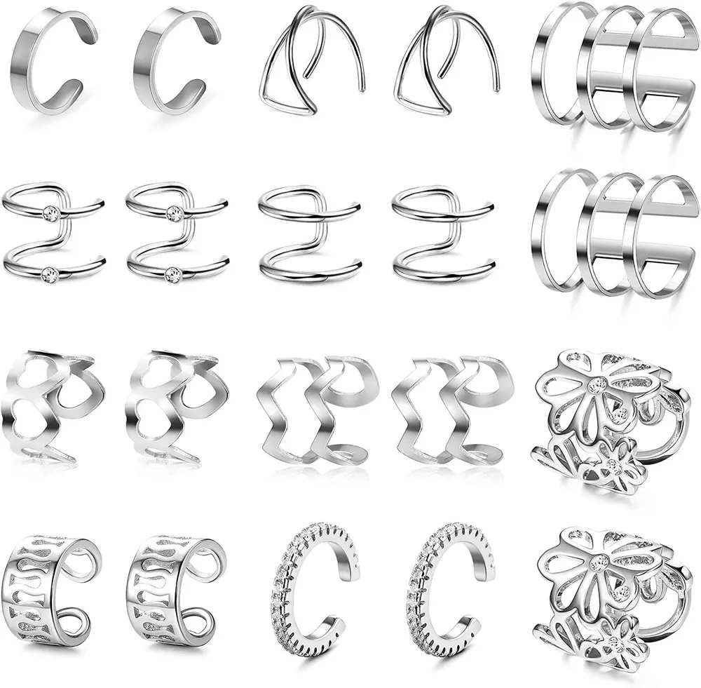 10 Pairs Stainless Ear Cuff Earrings for Women Men Non Piercing Helix Ear Clip CZ Fake Cartilage Earring - Grocery