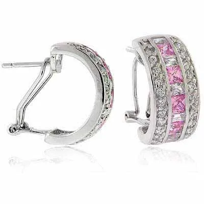 Sterling Silver Pink and White CZ Half-Hoop Earrings - Grocery