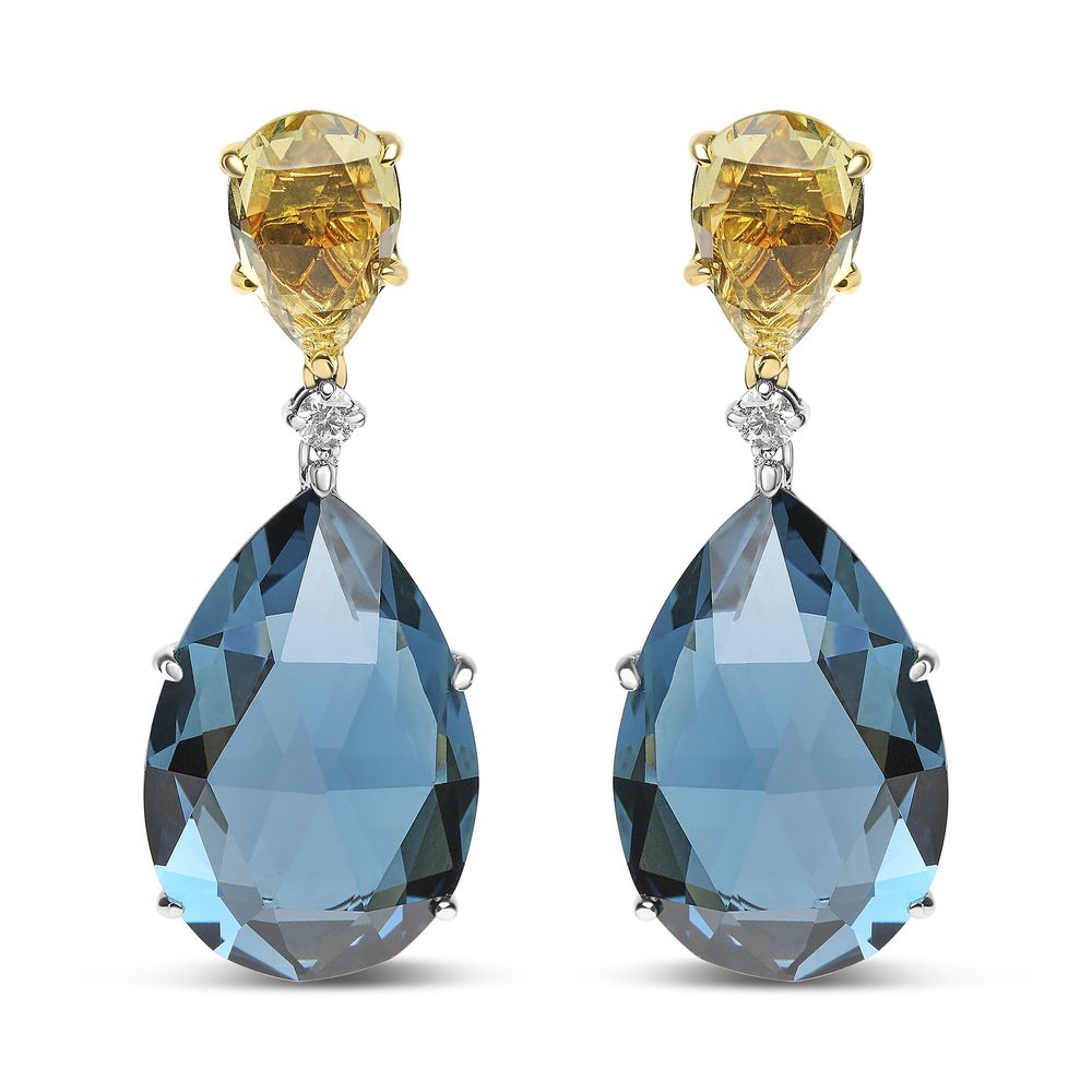 18K White and Yellow Gold 1/5 Cttw Diamond with Pear Cut Lemon Quartz and Pear Cut London Blue Topaz Gemstone Dangle Earring (G-H Color, SI1-SI2 Clarity) - Grocery