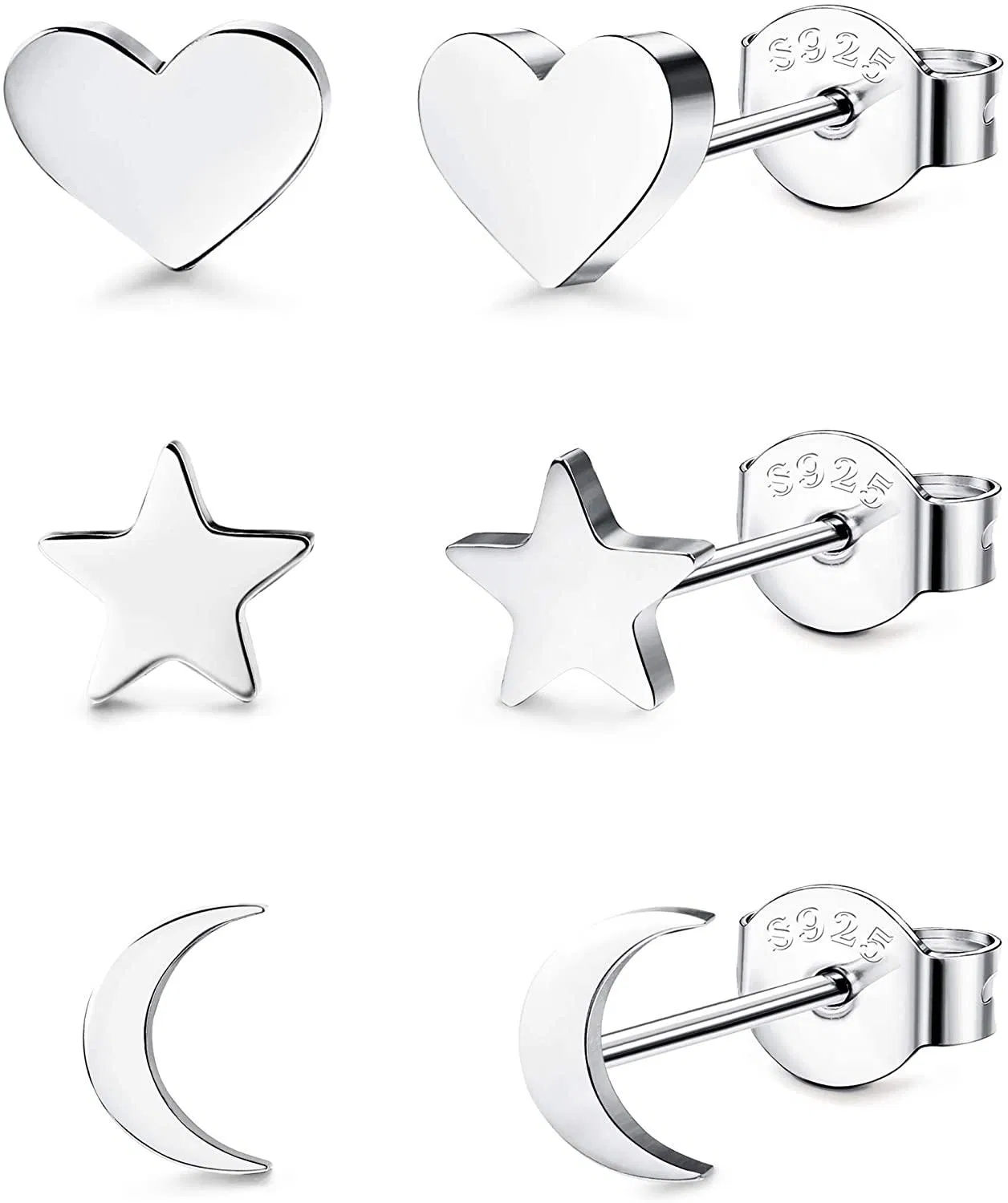 3 Pairs 925 Sterling Silver Stud Earrings Tiny Moon Star Heart Plain Silver Stud Earrings Set for Women - Grocery