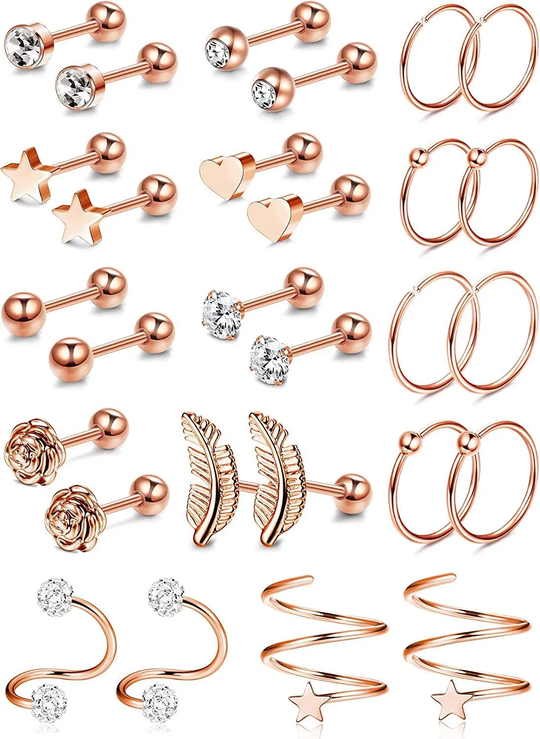 14 Pairs Stainless Helix Hoop Stud Earrings Tragus Cubic Zirconia Inlaid Earrings Cartilage Barbell Piercing for Men Women - Grocery
