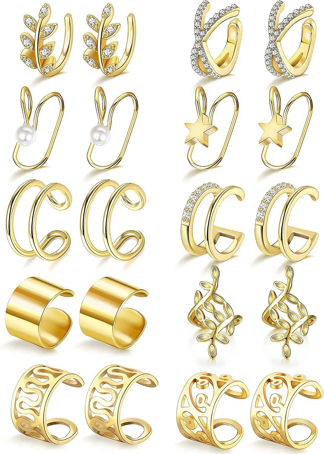 10Pairs Ear Cuff Set for Women Star Pearl Leaf Stainless Cuff Helix Cartilage Earrings Clip On Wrap Earrings Non-Piercing Fake Earrings - Grocery