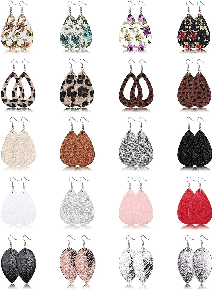 20Pairs Teardrop Leather Earrings Lightweight Dangle Earrings Leaf Leopard Print Earrings Set for Women - Grocery
