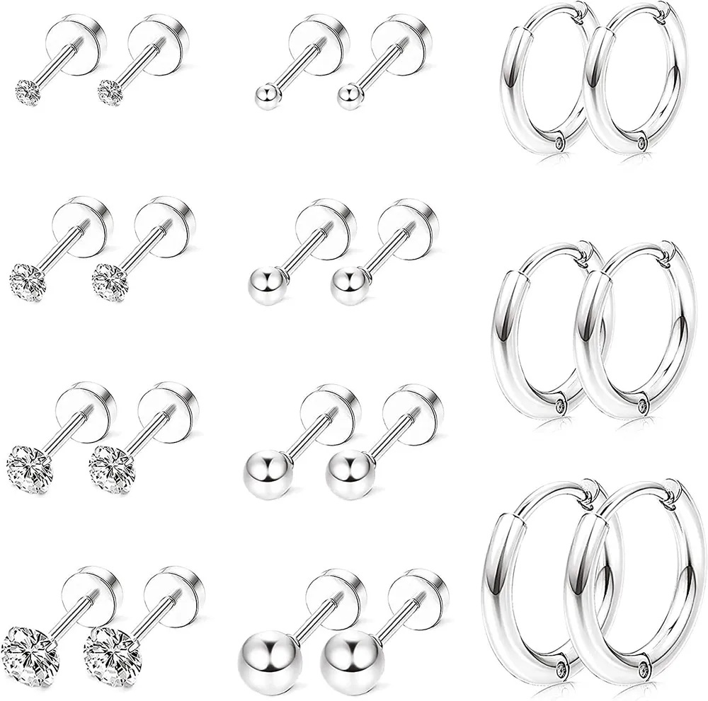 11 Pairs Stainless Steel Cartlidge Cubic Zirconia Earrings Ball Stud for Women Helix Earring Set Tragus Earring Flat Ball Back Screwback Helix Earrings - Grocery