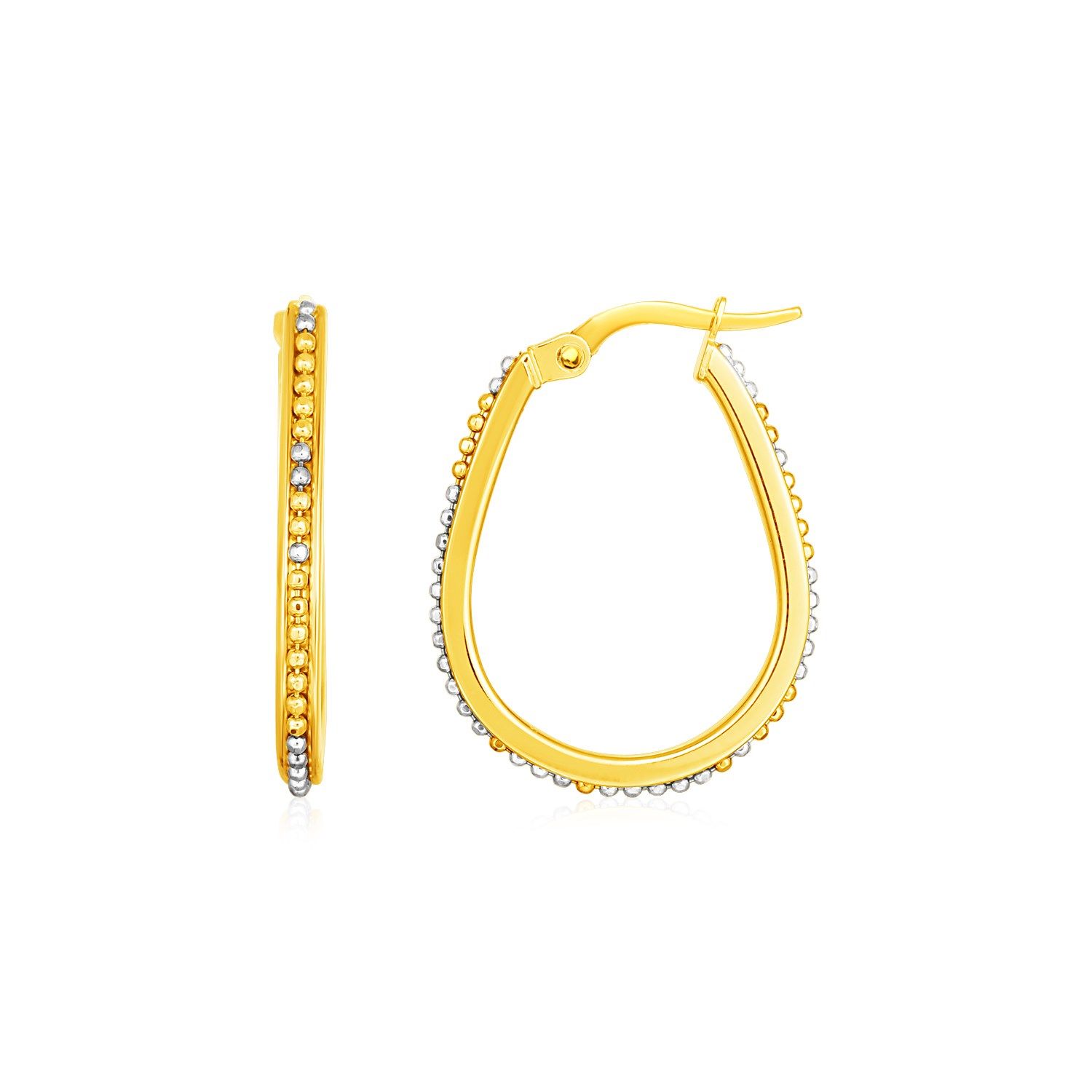 14k Two Tone Gold Oval Hoop Earrings with Bead Texture - Grocery