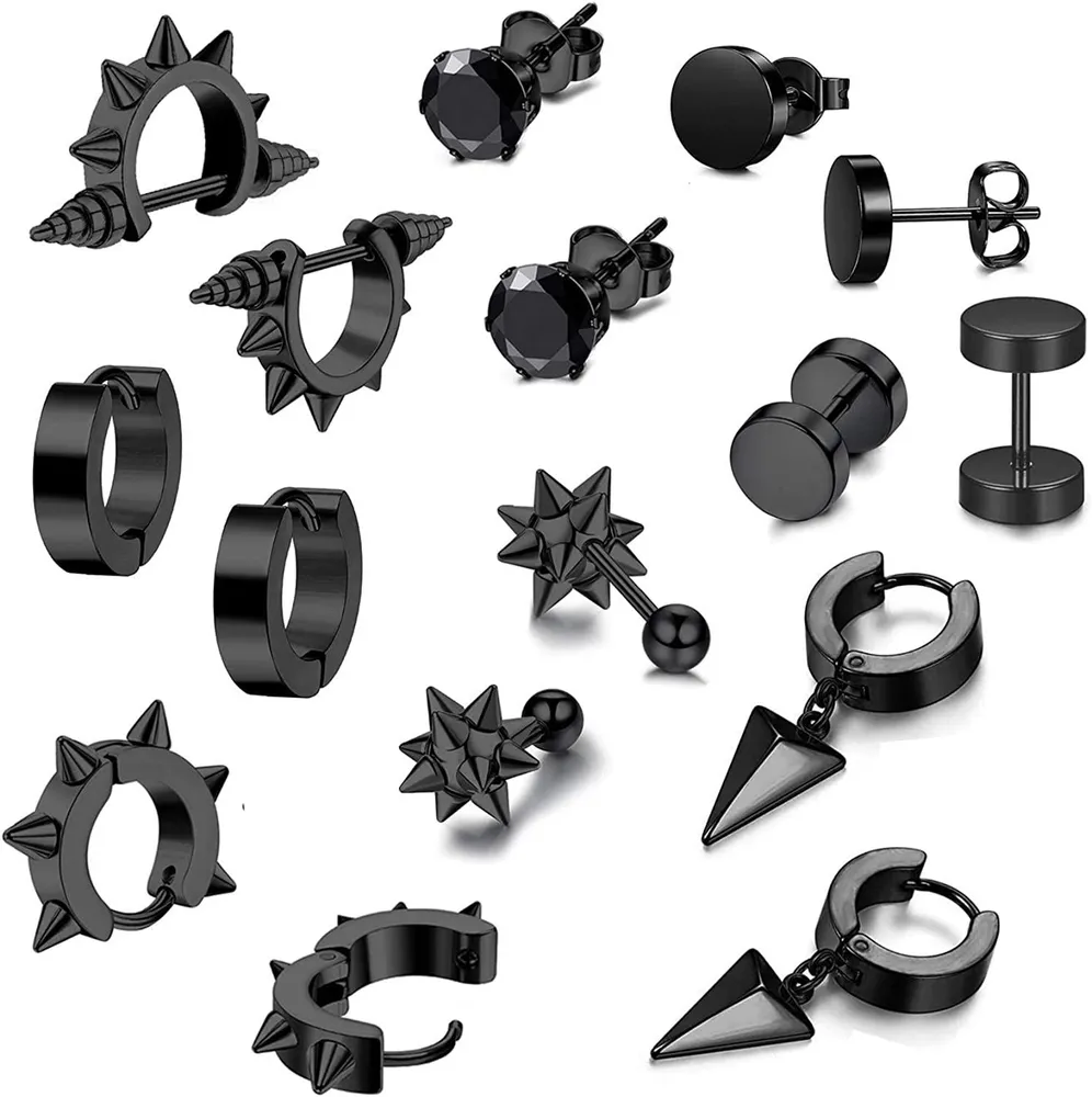 8 Pairs Stainless Steel Stud Punk Earrings for Women Men CZ Huggie Earring Triangle Dangle Small Hoop Earrings Set - Grocery