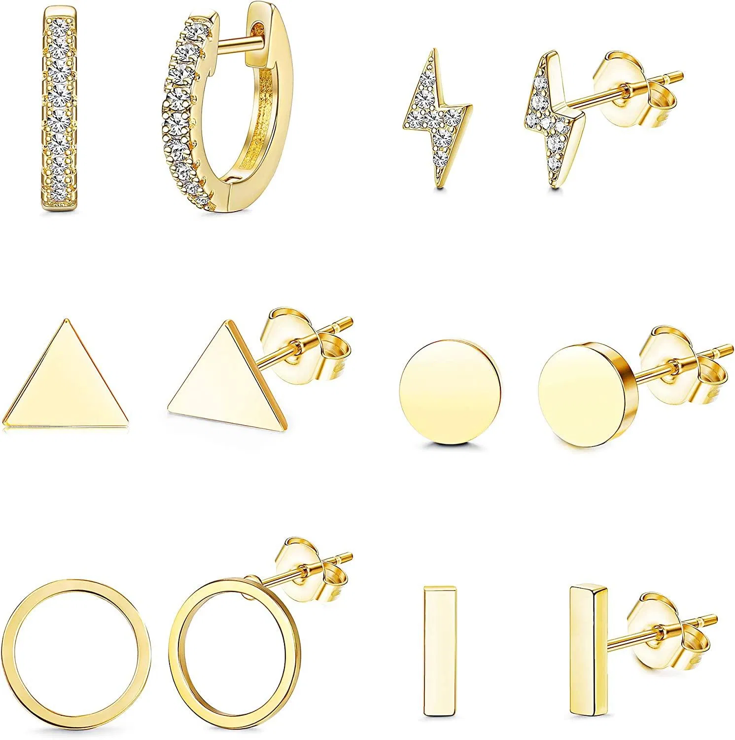 6 Pairs Stainless Minimalist Geometric Stud Earrings for Women Mini Tiny Simple Hoops Round Triangle Bar CZ Stud Earrings Set Fashion Gift - Grocery
