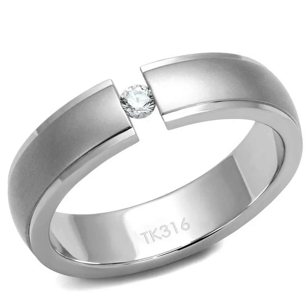 TK2935 - High polished (no plating) Stainless Steel Ring with AAA Grade CZ in Clear - Grocery