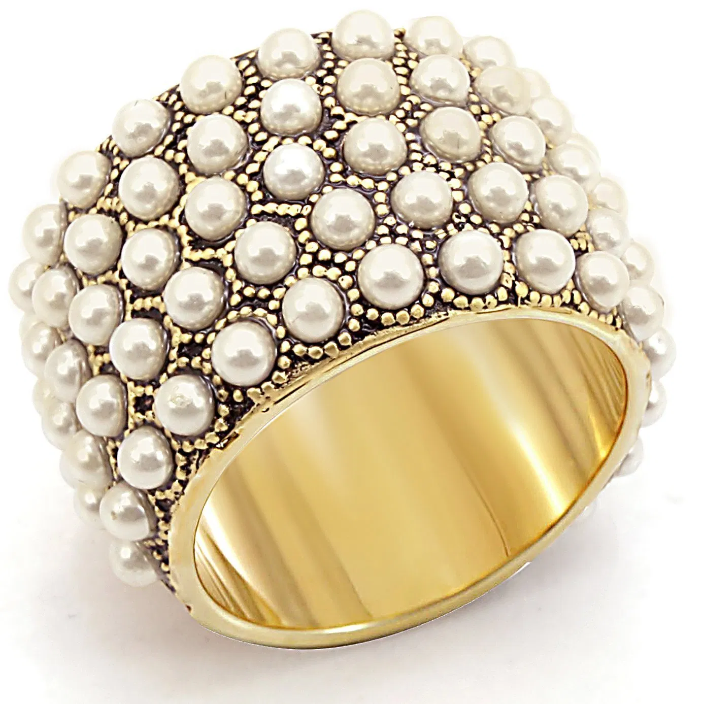 1W057 - Gold Brass Ring with Synthetic Pearl in Citrine Yellow - Grocery