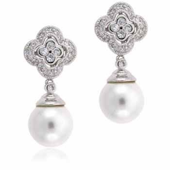Sterling Silver CZ Flower & White Simulated Pearl Earrings - Grocery