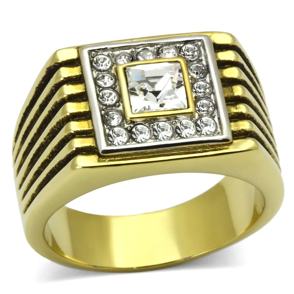 TK750 - Two-Tone IP Gold (Ion Plating) Stainless Steel Ring with Top Grade Crystal in Clear - Grocery