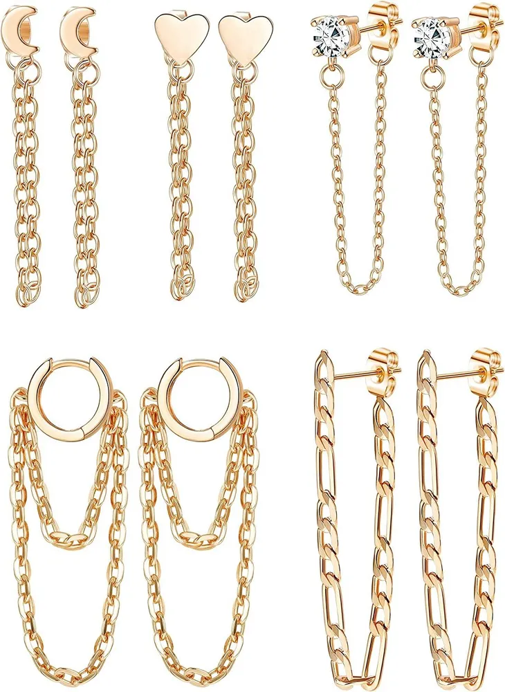 5 pairs Chain Earrings for Women Chain Wrap Cuff Bar Stud Dangle Chain Hoop Stud Earrings heart chain earrings Gift - Grocery