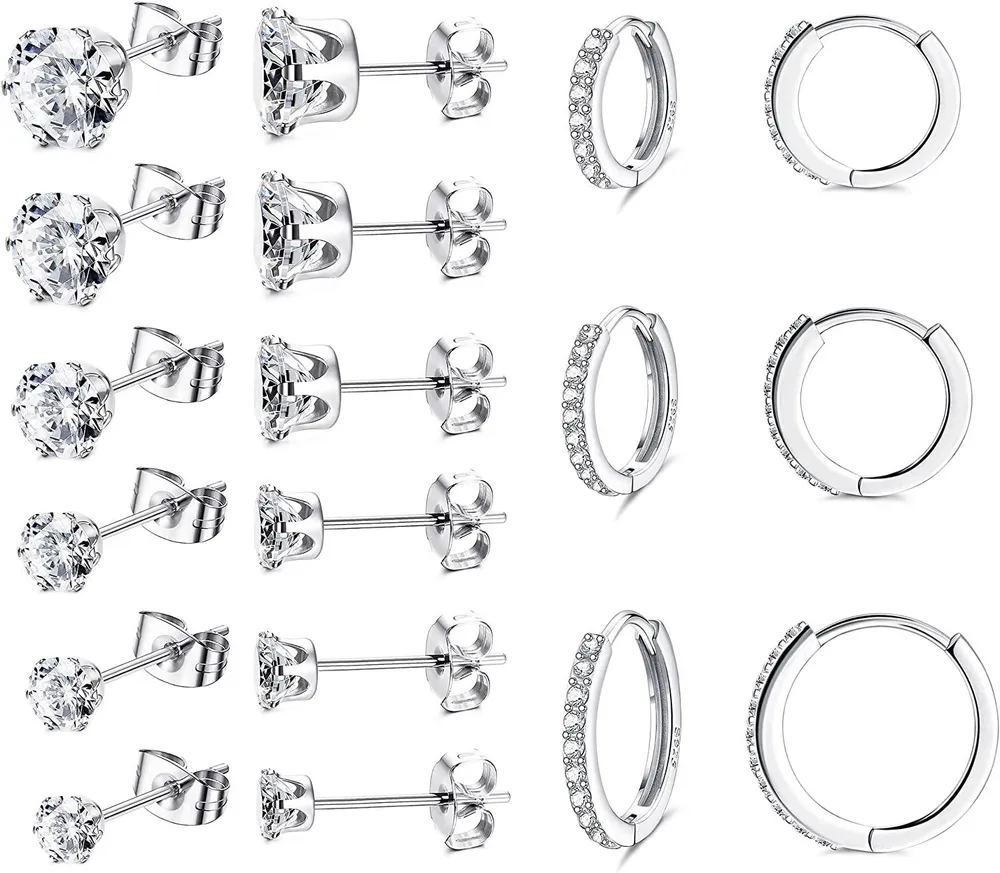 9Pairs Small Huggie Hoop Earrings For Women Tiny Stud Earrings Cubic Zirconia Cuff Earrings Cartilage Huggie Hoop Earrings Piercing 8/10/12MM - Grocery