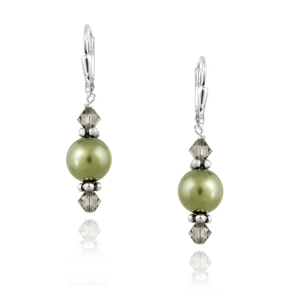 Sterling Silver Light Green Swarovski Pearl & Crystal Dangle Leverback Earrings - Grocery