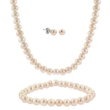 Sterling Silver 5.5-6mm Genuine Freshwater Cultured Pink Pearl Necklace Bracelet & Stud Earrings Set - Grocery
