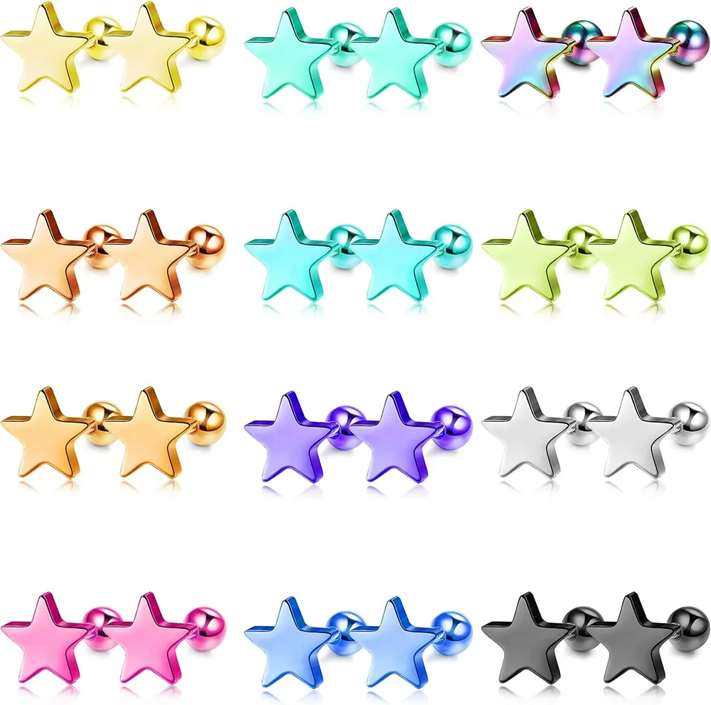 12 Pairs Stainless Stud Earrings for Women Colorful Heart Moon Star Shape Earrings Ball Screwback Earrings Cartilage Helix Tragus Ear Piercing - Grocery