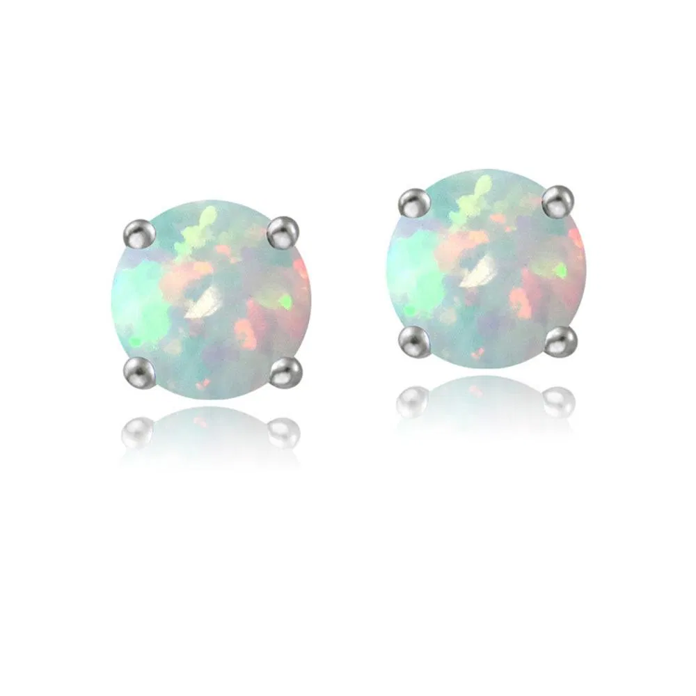 Sterling Silver 6mm Round Fiery Created White Opal Stud Earrings - Grocery