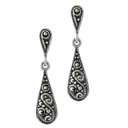 Sterling Silver & Marcasite Antique-Style Teardrop Dangle Earrings - Grocery