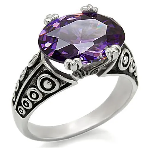 TK017 - High polished (no plating) Stainless Steel Ring with AAA Grade CZ in Amethyst - Grocery