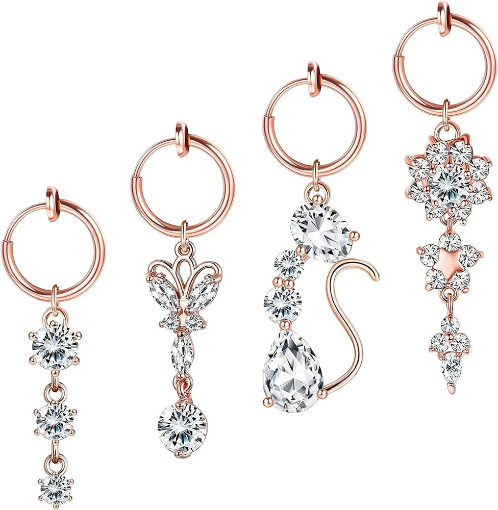 4Pcs Clip On Belly Button Rings Surgical Fake Belly Ring Non Piercing Navel Rings Dangle Fake Belly Button Piercing Jewelry - Grocery