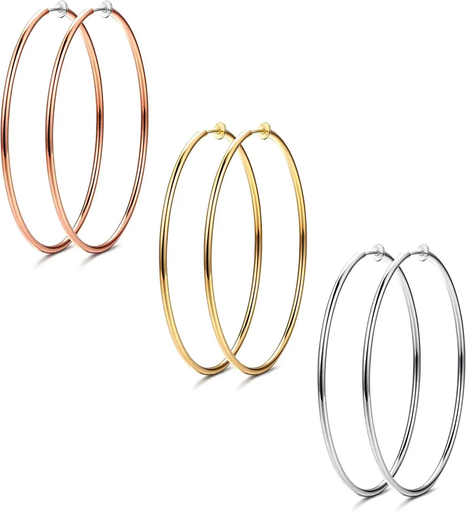 3 Pairs Stainless Big Hoop Earrings Set Clip On Hoop Earrings For Women Large Non Pierced Earring 40/50/60mm - Grocery