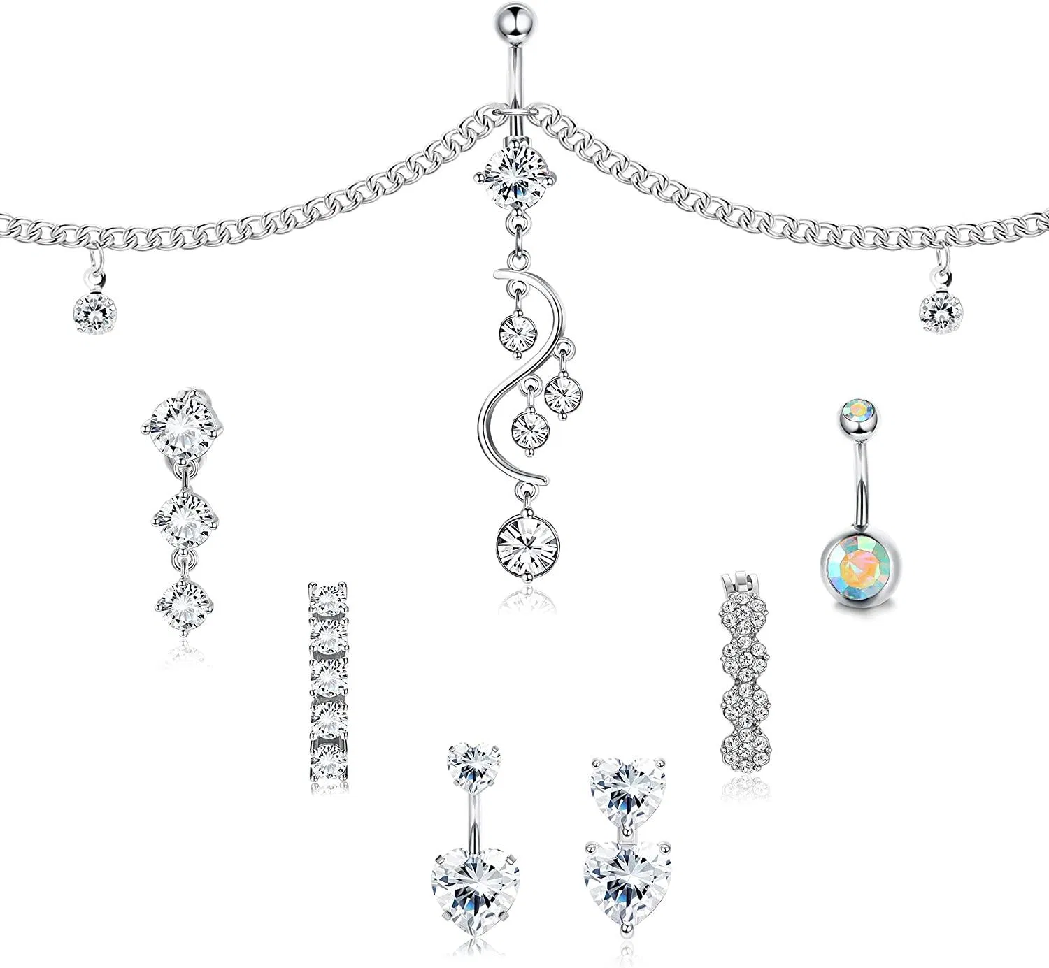 14G Belly Button Rings with Waist Chain Surgical Stainless Diamond CZ Reverse Belly Rings Cute Navel Rings Dangle Belly Button Piercing for Women - Grocery