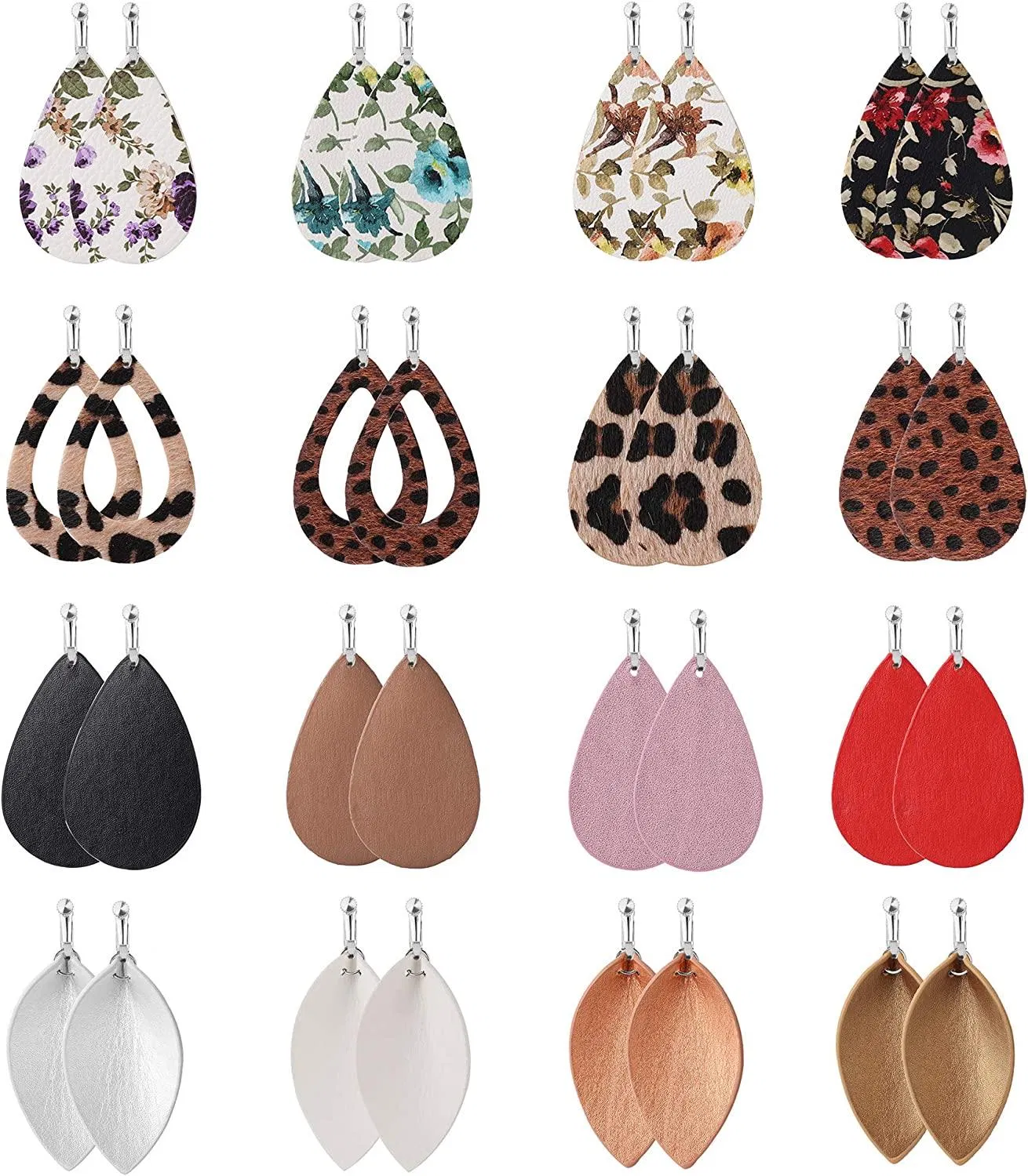 16 Pairs Leather Clip on Earrings for Women Faux Leather Leaf Teardrop Dangle Earrings Ear Clip Boho Lightweight Handmade Drop Earrings Gift - Grocery