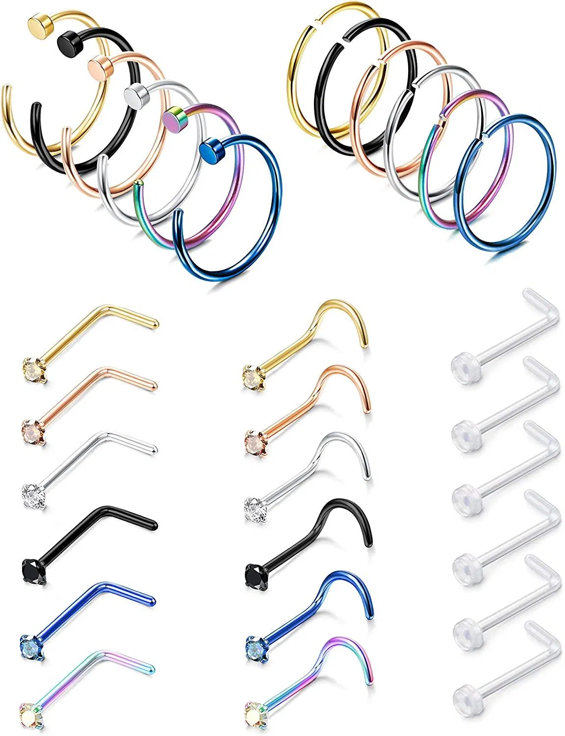 24 Pcs 20G Stainless Steel Hoop Nose Rings Screw Stud Rings Piercing Jewelry Colored CZ Inlaid - Grocery