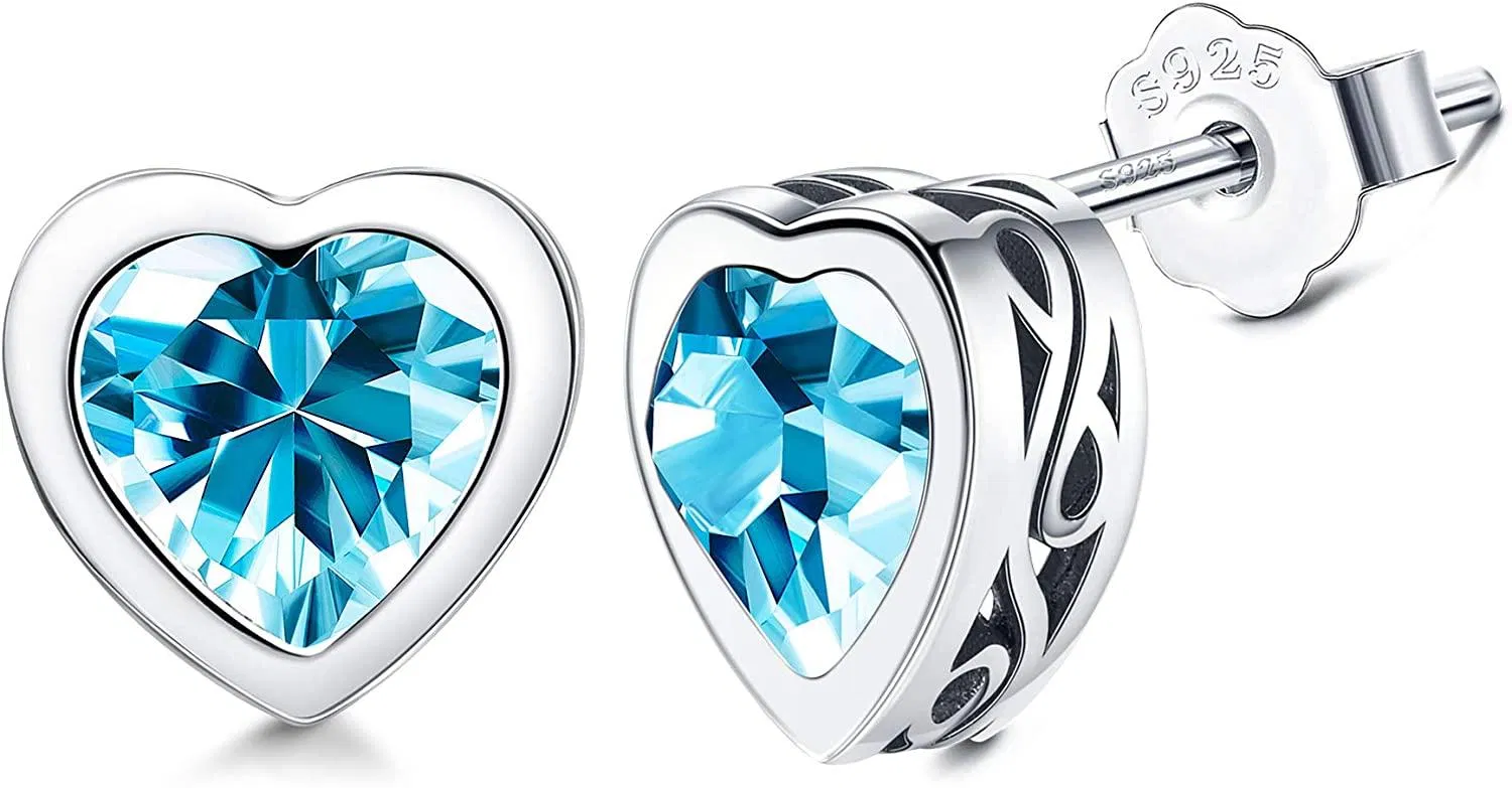 925 Sterling Blue Heart Shaped Stud Earrings Crystals from Austria Infinite Hollow Bottom Hypoallergenic Studs for Women Anniversary - Grocery