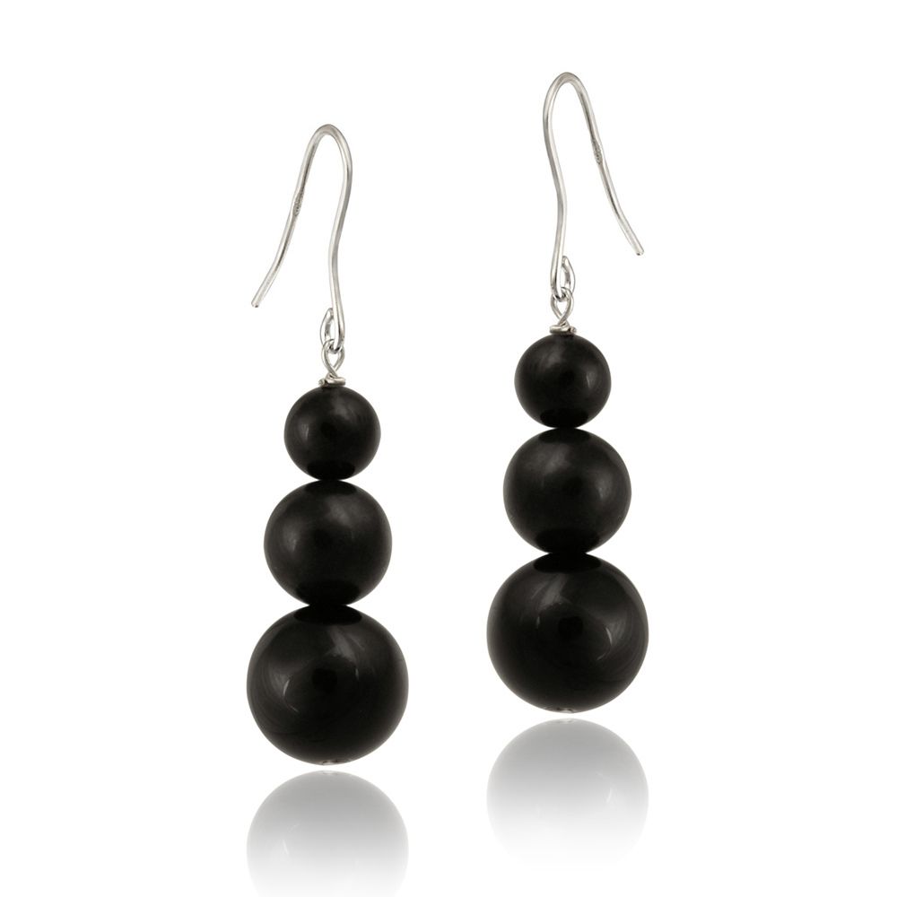 Sterling Silver Onyx Three-Stone Drop Earrings - Grocery