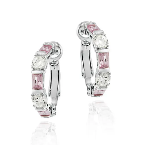 Sterling Silver Pink & White CZ Hoop Earrings - Grocery