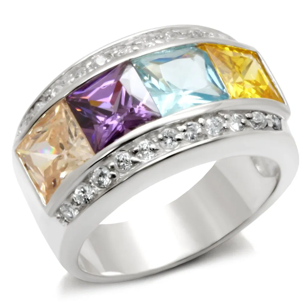 32919 - High-Polished 925 Sterling Silver Ring with AAA Grade CZ in Multi Color - Grocery