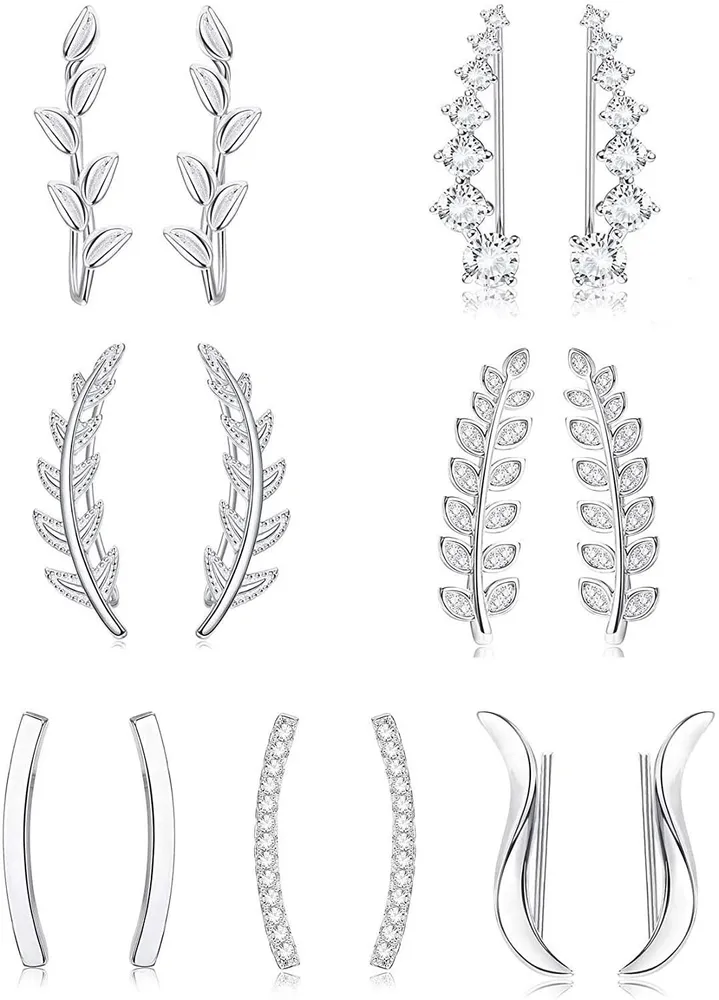 Ear Cuffs Hoop Climber Earrings for Women CZ Leaf Crawler Earring Arrow Bar Stud Earrings Set - Grocery