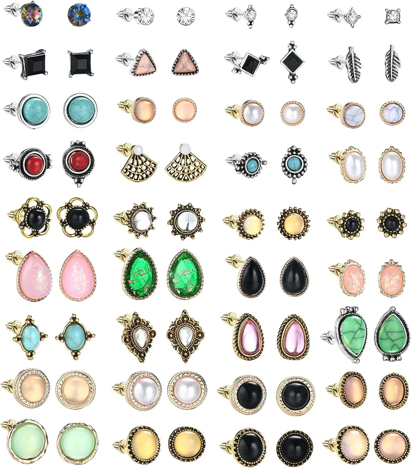 24Pairs Vintage Stud Earrings Set For Women Boho Stud Earrings Turquoise Moonstone Crystal Multiple Gem Stud Earrings - Grocery
