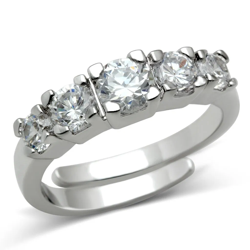 3W134 - Rhodium Brass Ring with AAA Grade CZ in Clear - Grocery