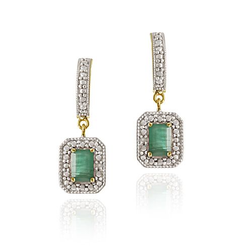18K Gold over Sterling Silver Emerald & Diamond Accent Rectangular Dangle Earrings - Grocery