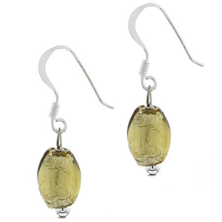 Sterling Silver Olive Green Foil Glass Bead Dangle Earrings - Grocery