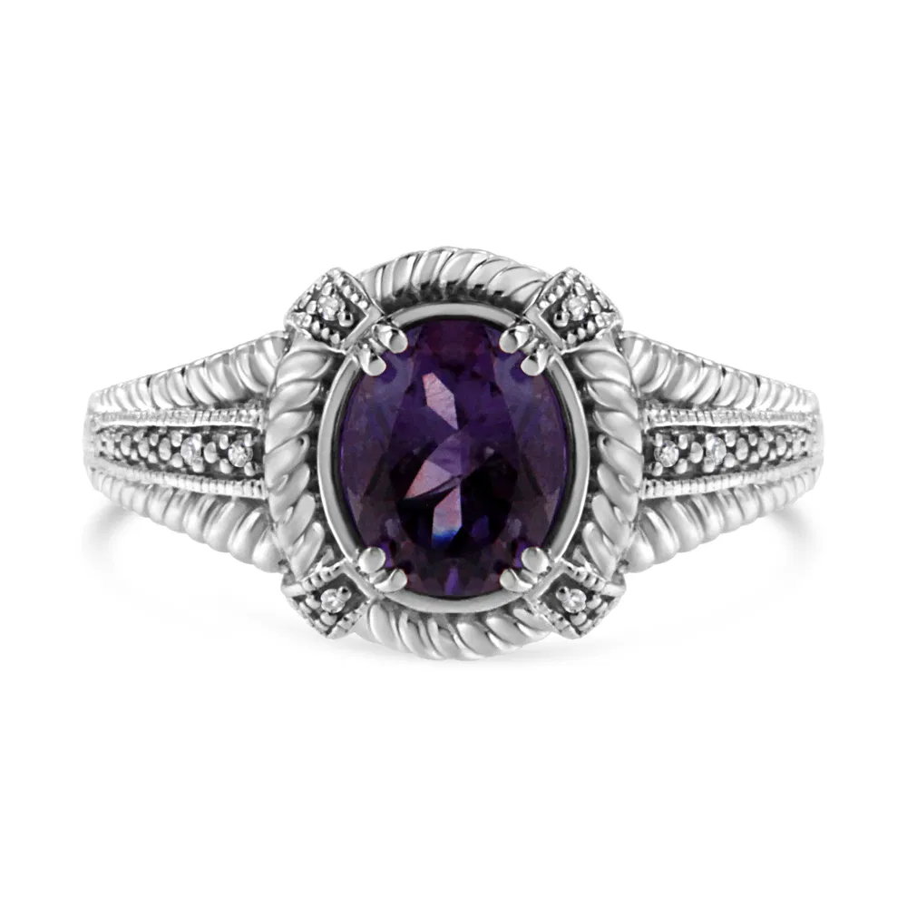 .925 Sterling Silver Prong Set Natural Oval Shape 9X7 MM Purple Amethyst Solitaire and Diamond Accent Ring (I-J Color, I1-I2 Clarity) - Grocery