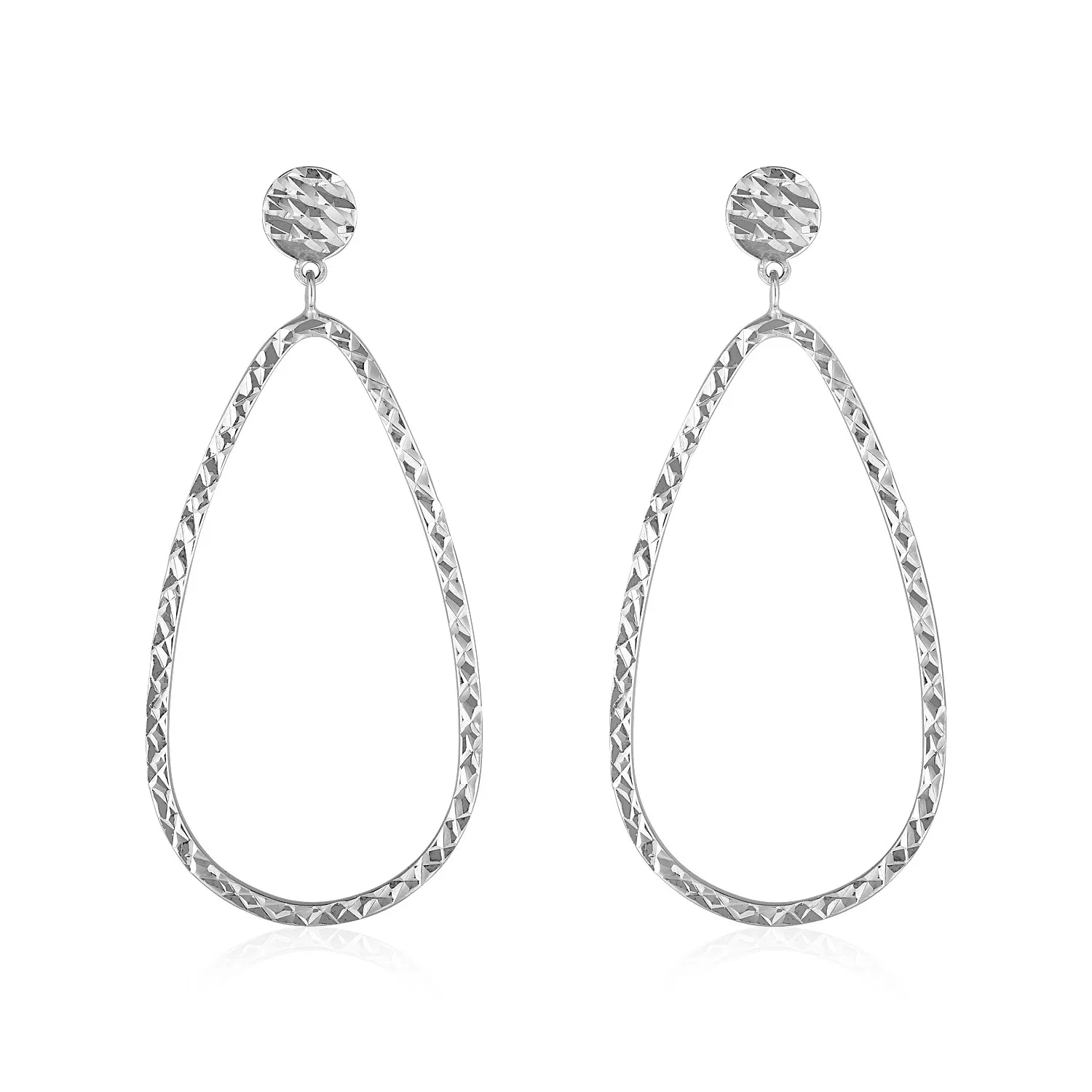 14k White Gold Textured Teardrop Motif Post Earrings - Grocery