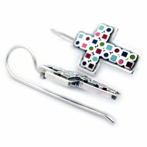 Sterling Silver Dangling Cross with Multi color inlay earring - Grocery
