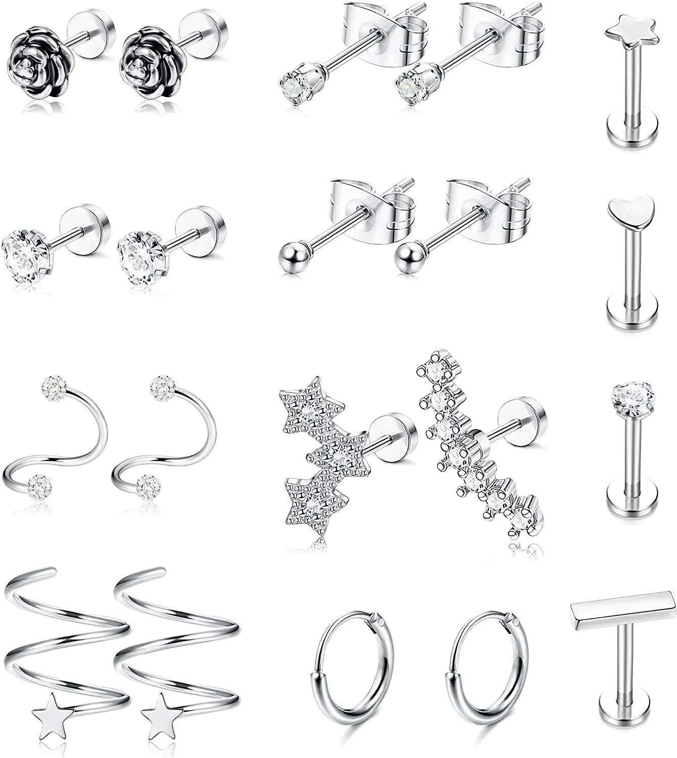 16G 316L Stainless Steel Tragus Helix Cartilage Earrings Piercing Labret Lip Stud Earring Hoops for Men Women Body Piercing Jewelry - Grocery