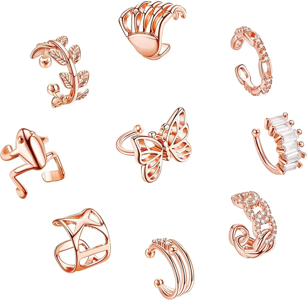 9 Pcs Vintage Cuff Earrings Set for Women No Piercing Cubic Zirconia Sparkling Cartilage Ear Cuffs Frog Butterfly Clip on Wrap Cuff Earrings - Grocery